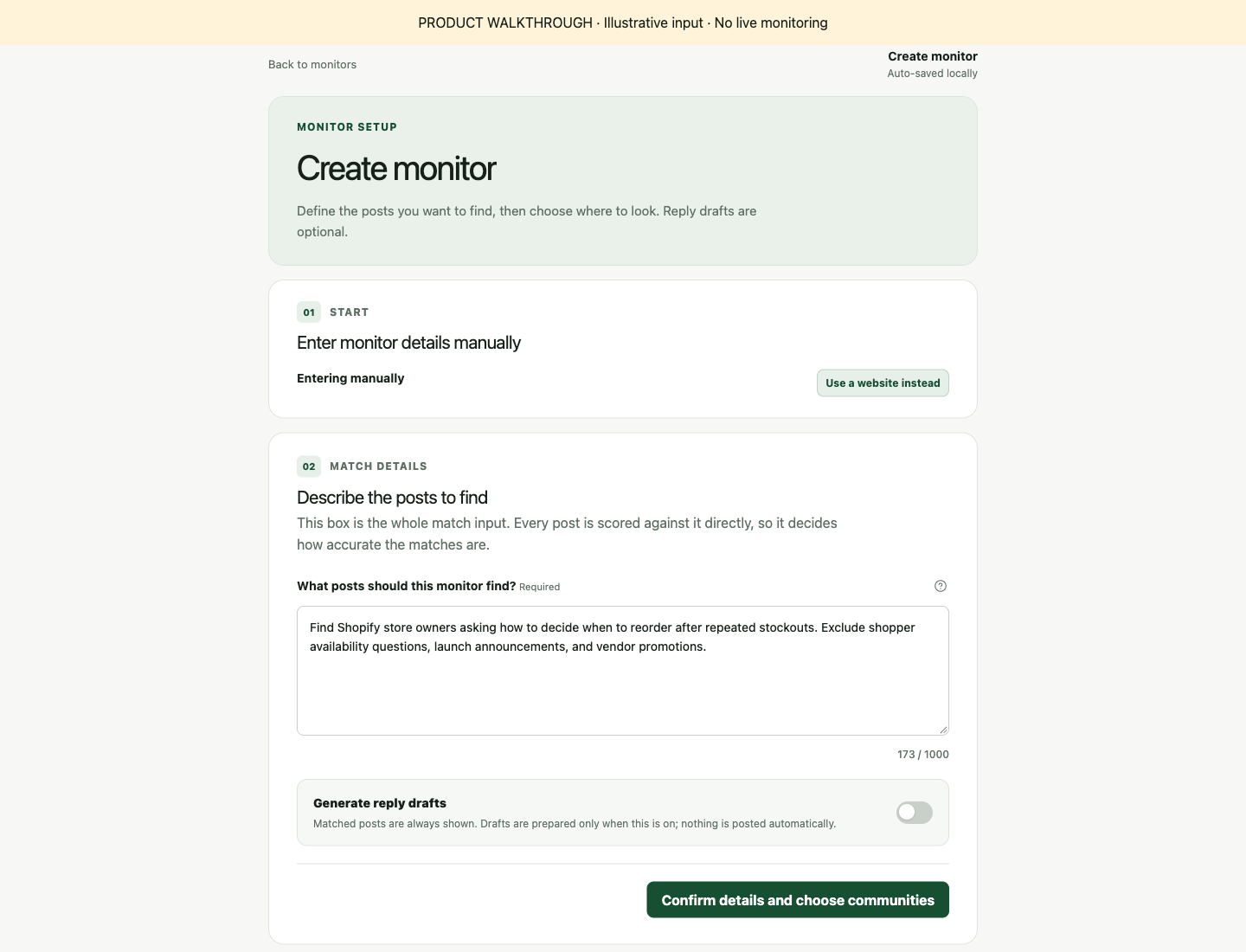 ReplySignal Create monitor screen with the illustrative stockout matching brief and reply drafts switched off.
