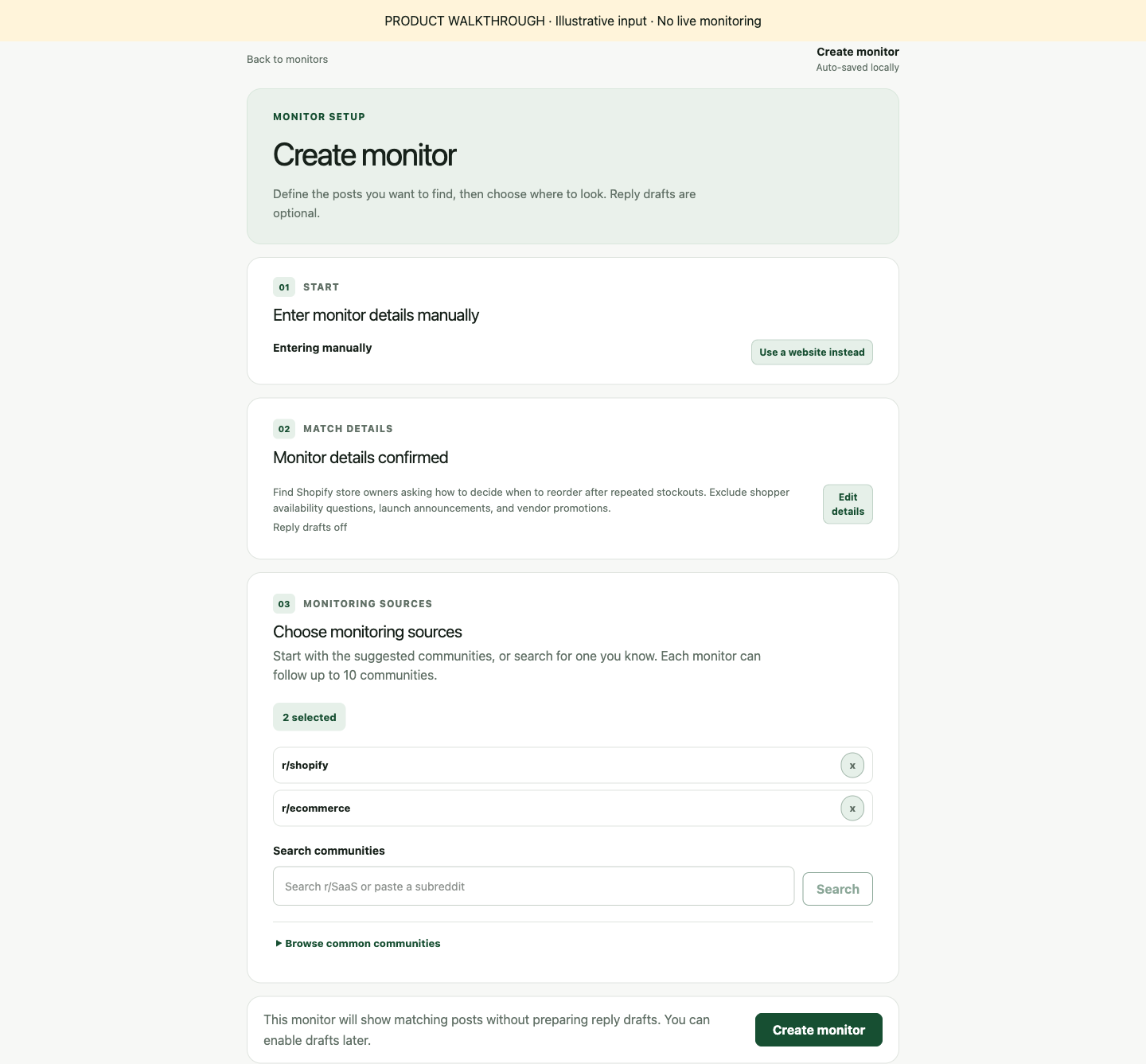 ReplySignal community selection screen with r/shopify and r/ecommerce selected for the illustrative monitor.